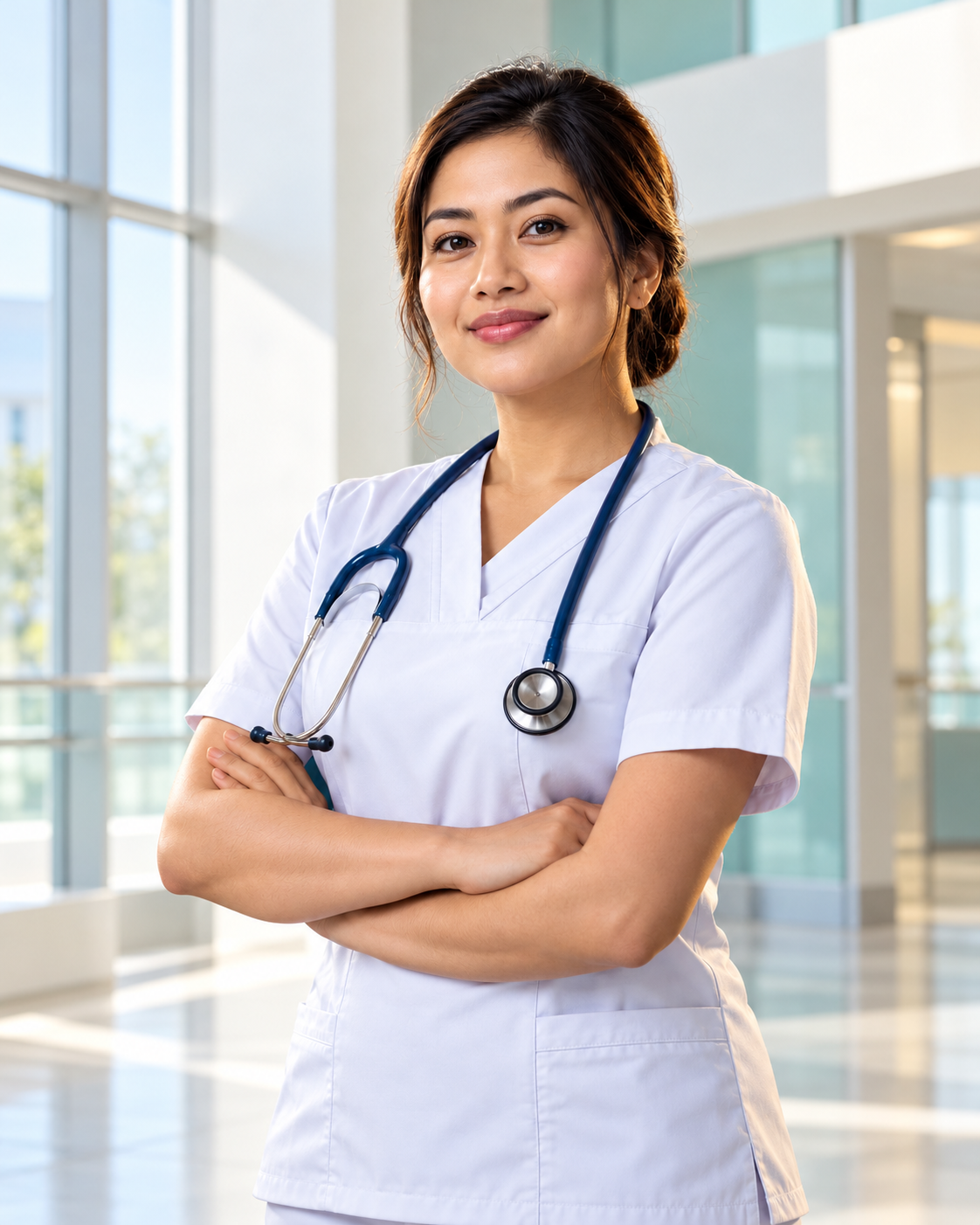 Confident nurse in white scrubs in a bright modern clinical setting